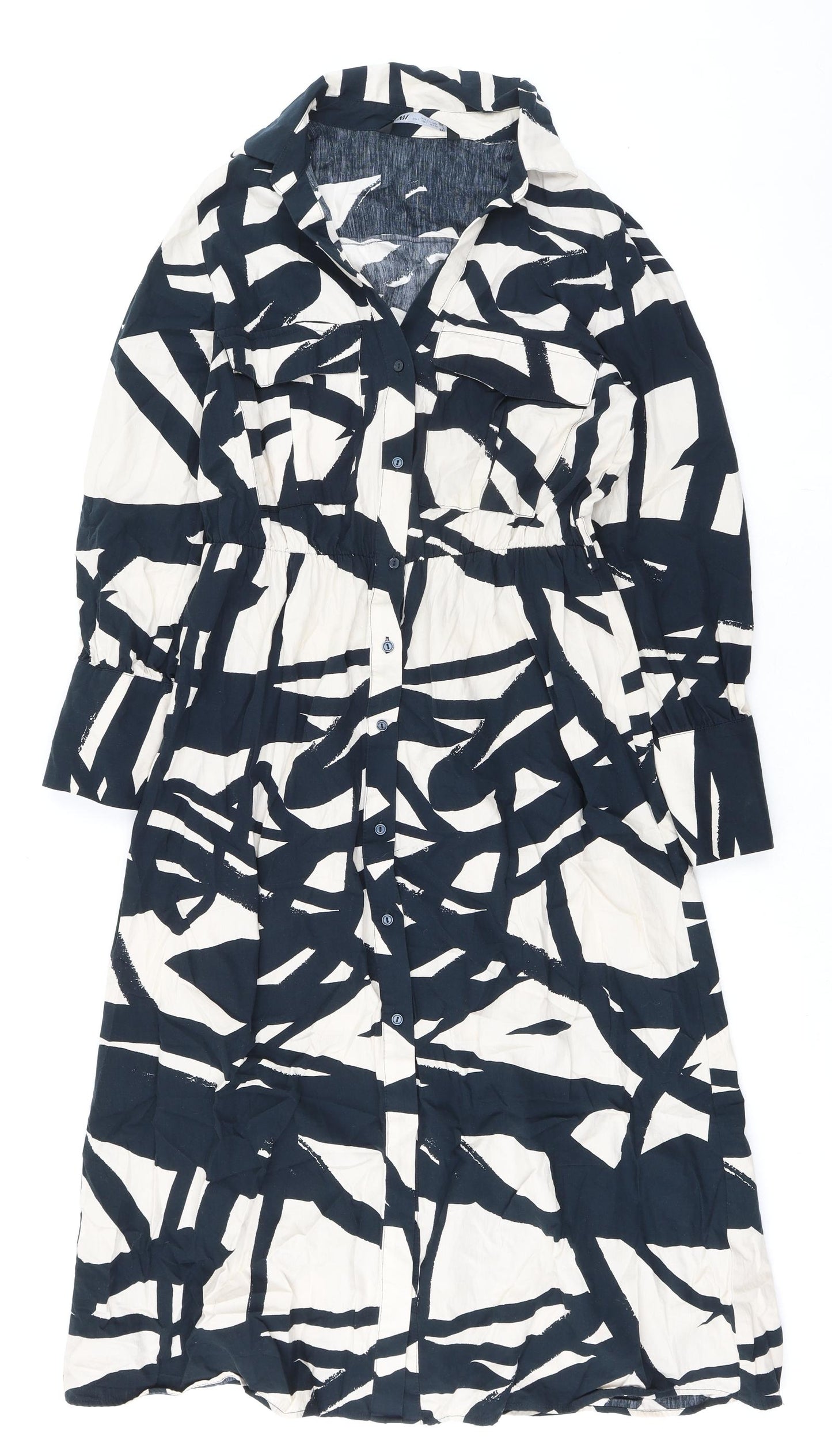 Zara Womens Black Geometric 100% Cotton Shirt Dress Size L Collared Button