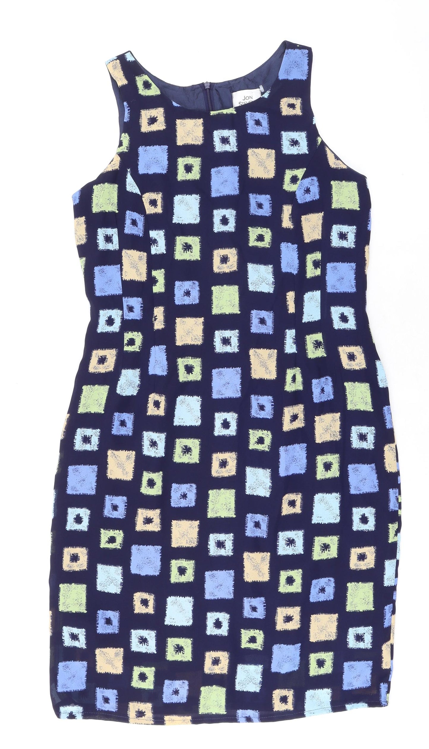 Jon Stevens Womens Blue Geometric Polyester Bodycon Size 16 Round Neck Zip