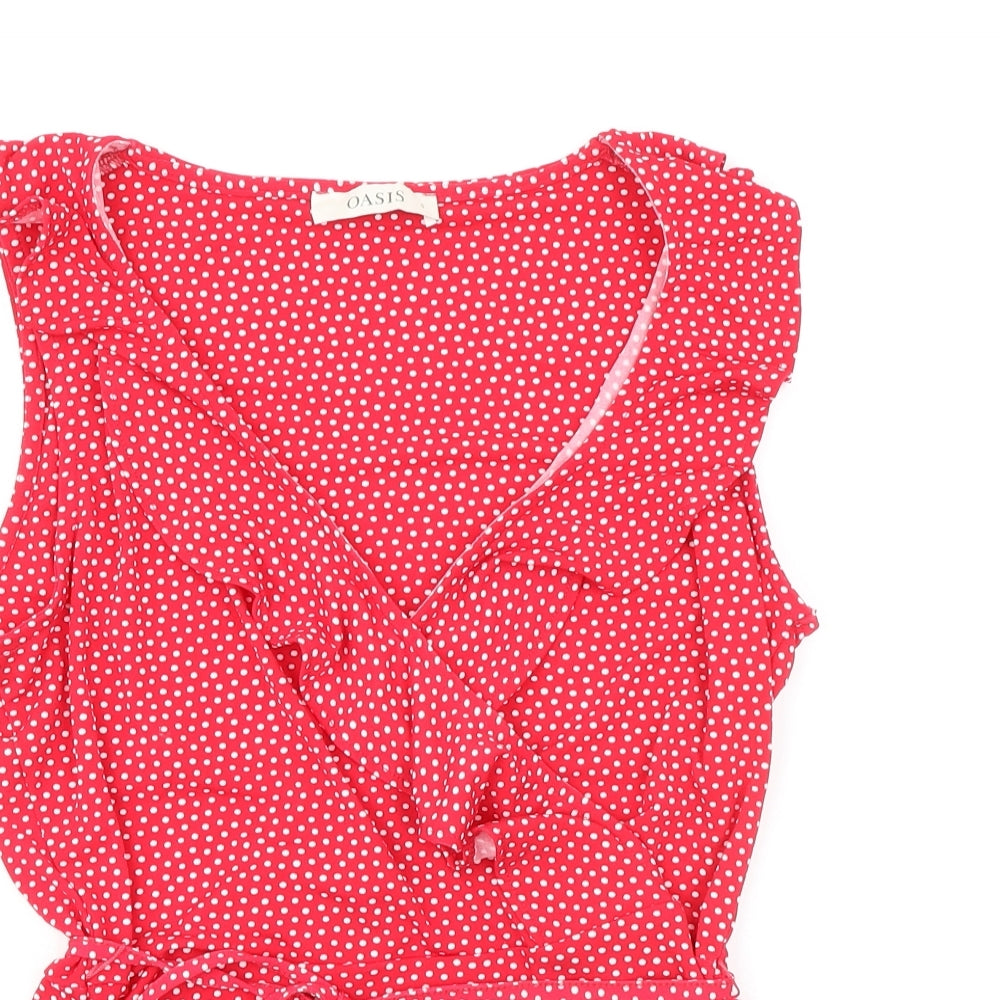 Oasis Womens Red Polka Dot Polyester Basic Blouse Size S V-Neck