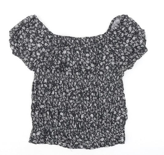 Marks and Spencer Girls Black Geometric Viscose Basic T-Shirt Size 11-12 Years Off the Shoulder Pullover