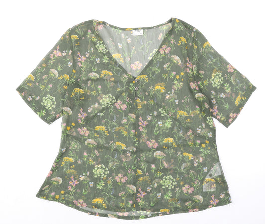 Jacqueline de Yong Womens Green Floral Polyester Basic Blouse Size 12 V-Neck