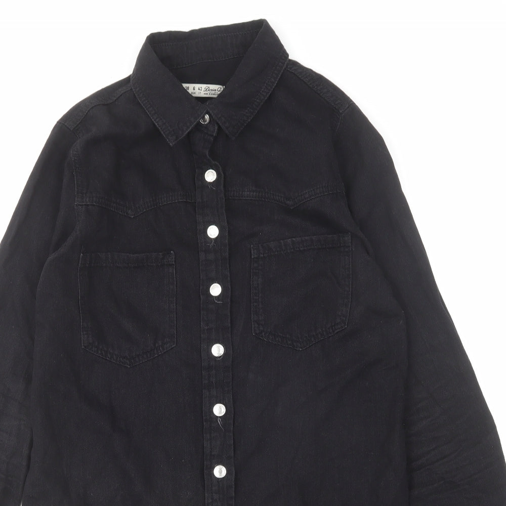 Denim & Co. Womens Black Cotton Shirt Dress Size 10 Collared Button