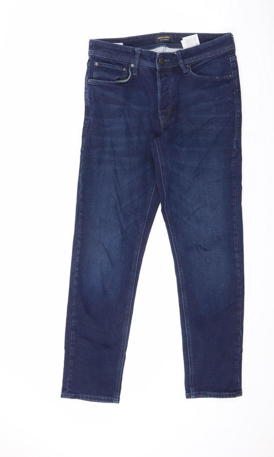 JACK & JONES Mens Blue Cotton Straight Jeans Size 32 in L32 in Regular Zip