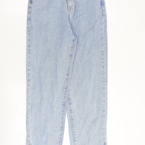PRETTYLITTLETHING Womens Blue Cotton Boyfriend Jeans Size 8 L30 in Regular Zip - Ankle Slit