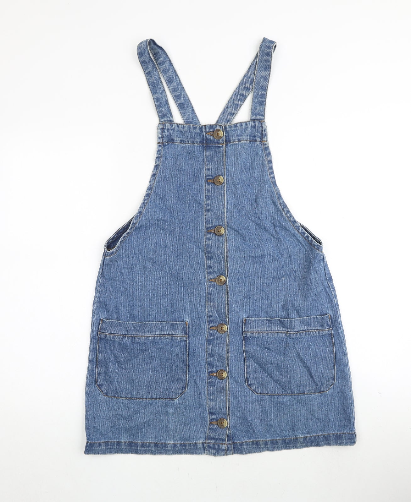 Matalan Womens Blue 100% Cotton Pinafore/Dungaree Dress Size 12 Square Neck Button