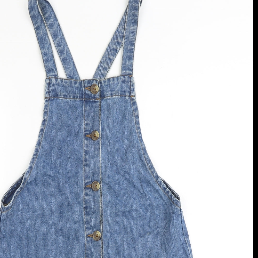 Matalan Womens Blue 100% Cotton Pinafore/Dungaree Dress Size 12 Square Neck Button