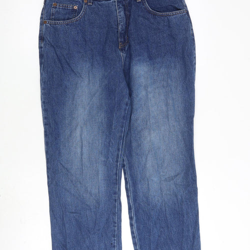 Marks and Spencer Womens Blue Cotton Straight Jeans Size 14 L27 in Regular Zip - Stripe Ribbon Detail