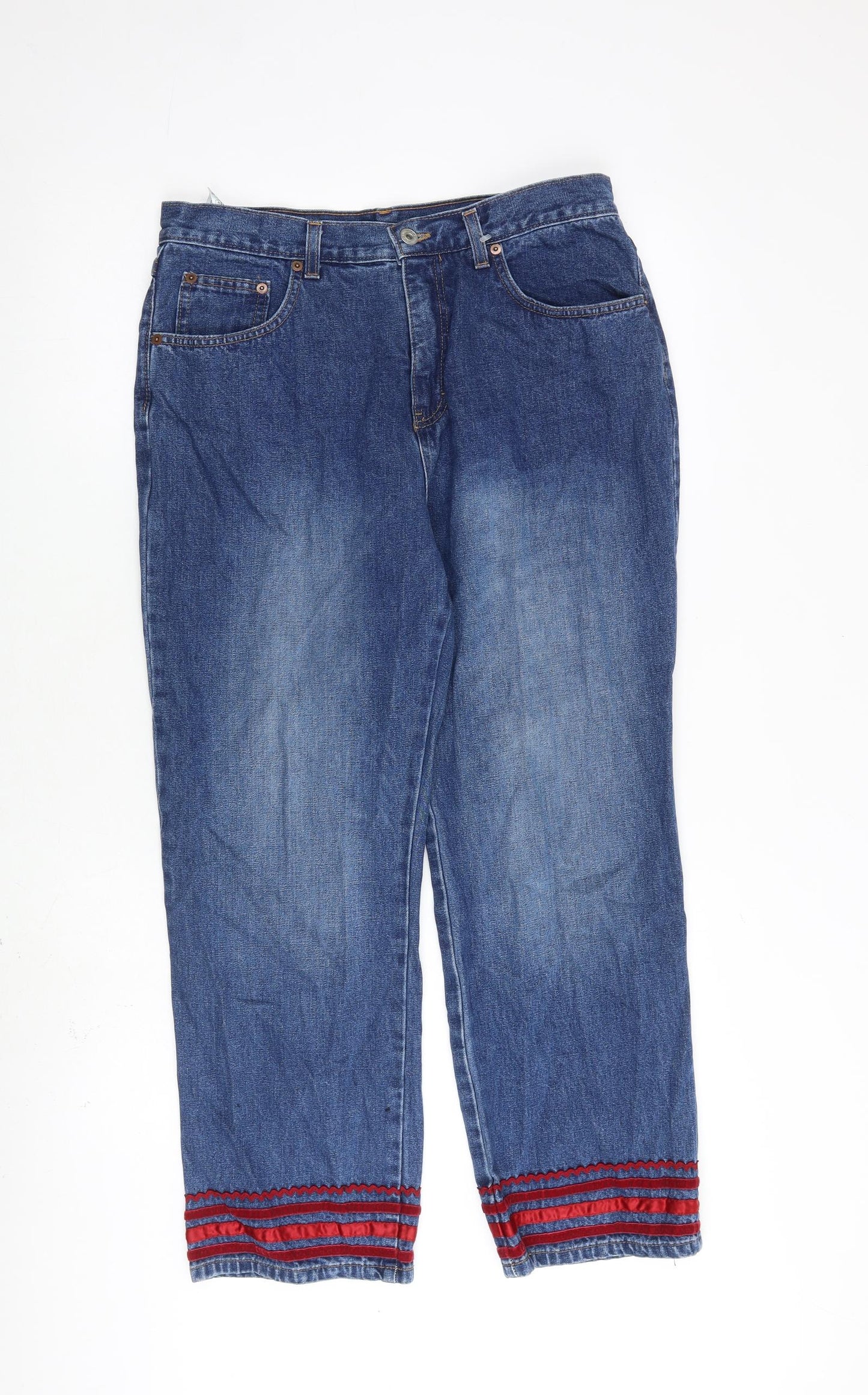 Marks and Spencer Womens Blue Cotton Straight Jeans Size 14 L27 in Regular Zip - Stripe Ribbon Detail