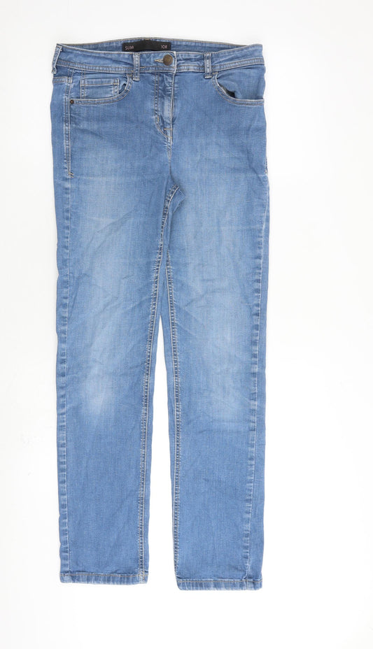 NEXT Womens Blue Cotton Straight Jeans Size 10 L30 in Extra-Slim Zip