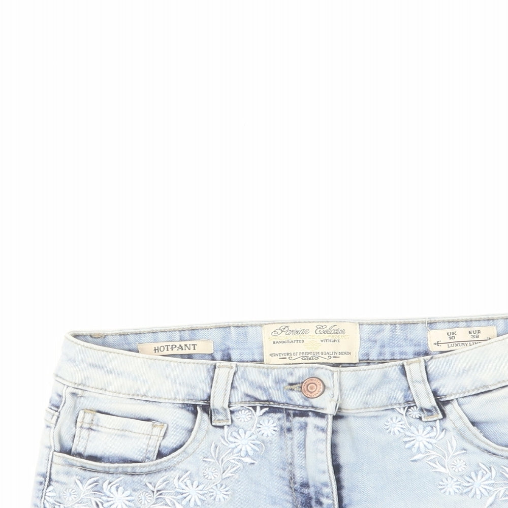 PARISIAN SIGNATURE Womens Blue Cotton Hot Pants Shorts Size 10 Regular Zip - Floral Embroidery, Distressed Hems