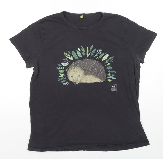 Wildlife Trust Womens Black Cotton Basic T-Shirt Size 16 Round Neck - Hedgehog