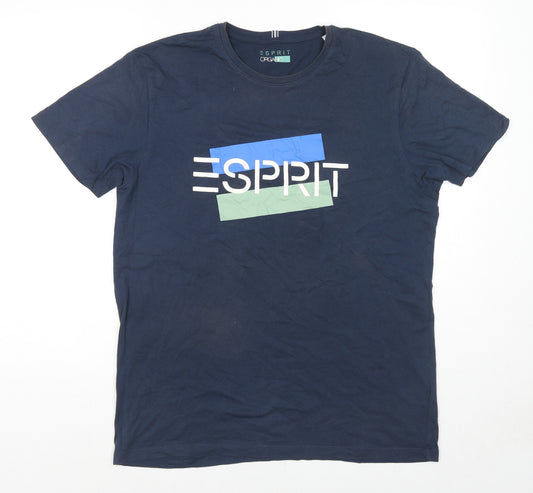 Esprit Mens Blue Cotton T-Shirt Size L Crew Neck