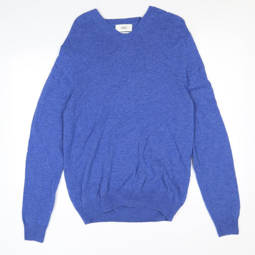 Marks and Spencer Mens Blue V-Neck Wool Pullover Jumper Size M Long Sleeve