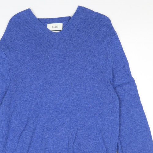 Marks and Spencer Mens Blue V-Neck Wool Pullover Jumper Size M Long Sleeve
