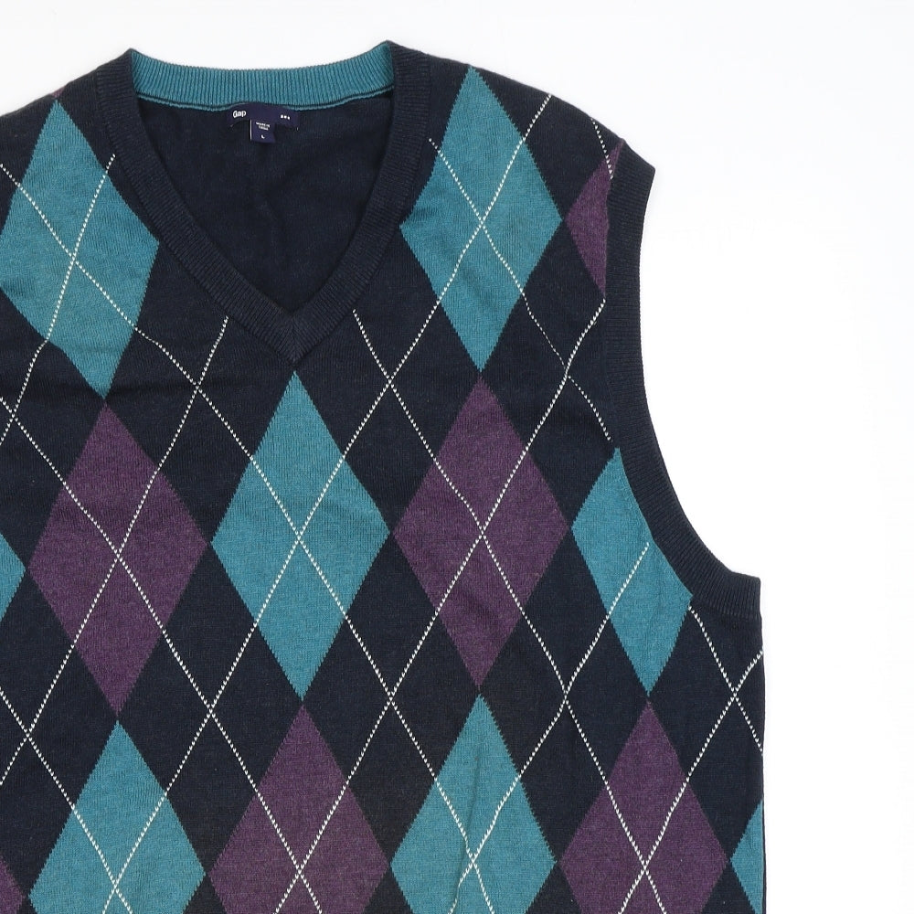 Gap Mens Multicoloured V-Neck Argyle/Diamond Cotton Vest Jumper Size L Sleeveless