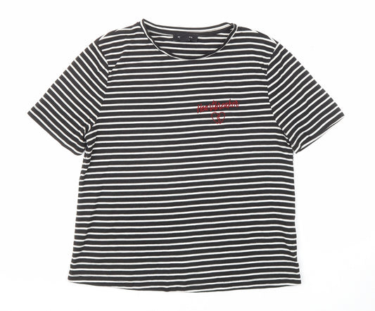 New Look Womens Black Striped Polyester Basic T-Shirt Size 8 Round Neck