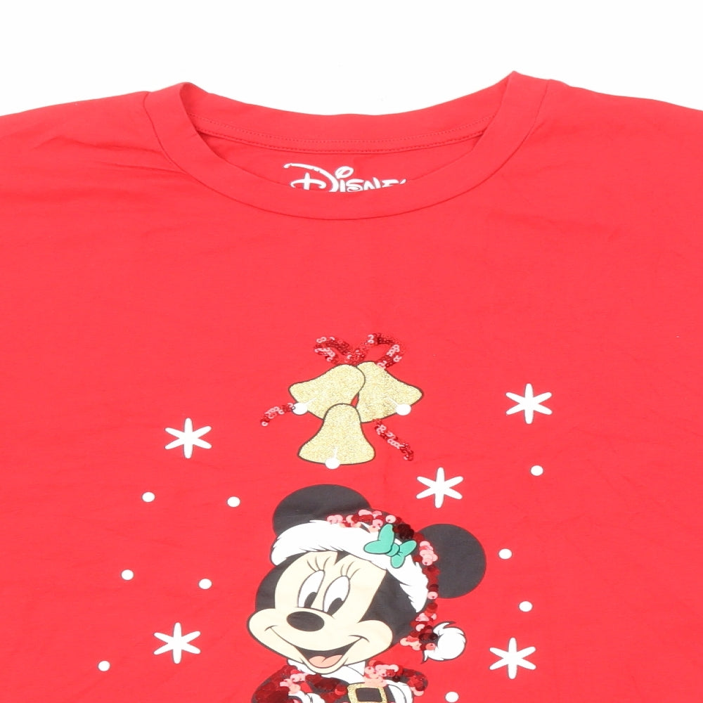 Disney Womens Red Cotton Basic T-Shirt Size 16 Round Neck - Minnie Mouse Christmas