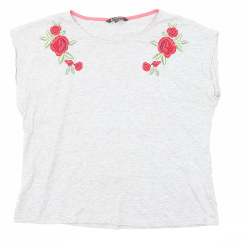Bonmarché Womens Grey Cotton Basic T-Shirt Size 16 Round Neck - Rose Embroidery