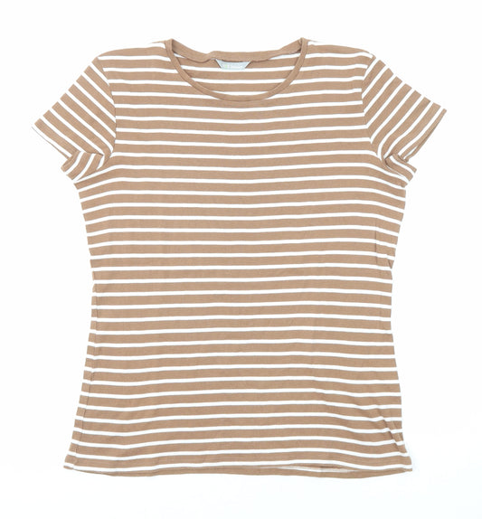 Marks and Spencer Womens Brown Striped Cotton Basic T-Shirt Size 16 Round Neck
