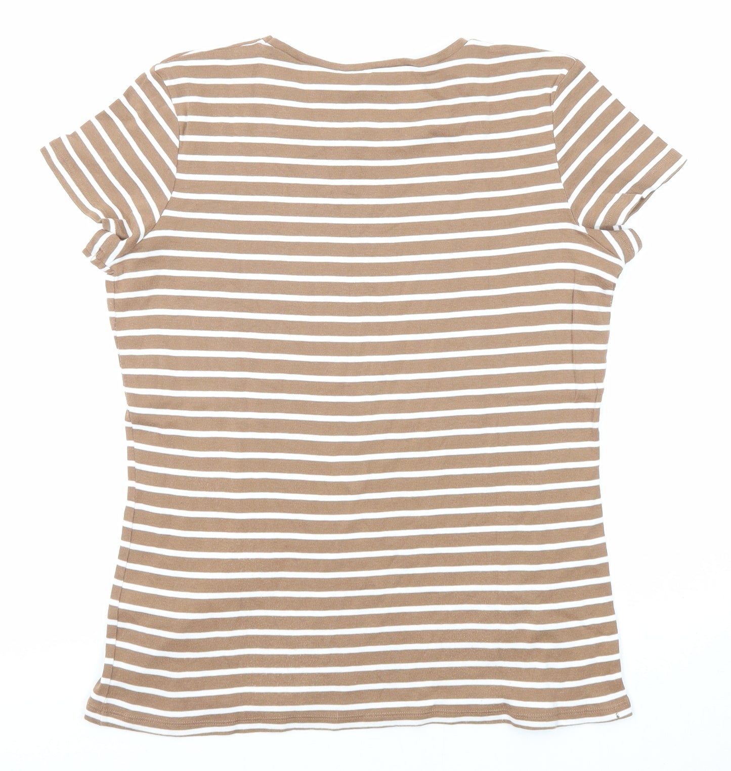 Marks and Spencer Womens Brown Striped Cotton Basic T-Shirt Size 16 Round Neck