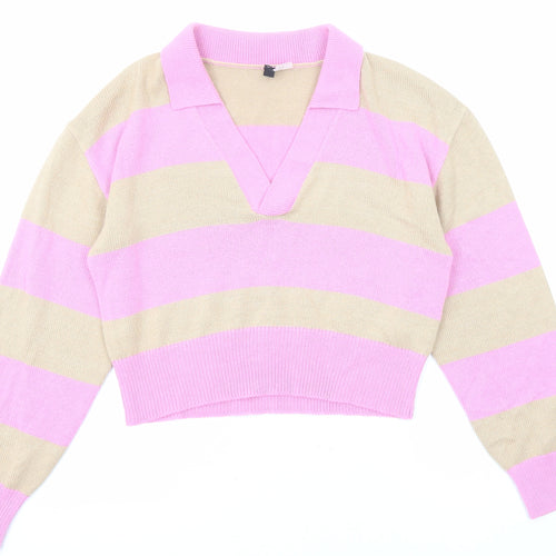 Divided by H&M Womens Pink Collared Striped Acrylic Pullover Jumper Size M