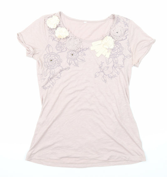 Marks and Spencer Womens Pink Floral Cotton Basic T-Shirt Size 10 Round Neck