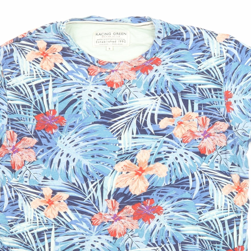 Racing Green Mens Blue Floral Cotton T-Shirt Size S Round Neck