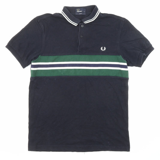 Fred Perry Mens Blue Striped Cotton Polo Size M Collared Button
