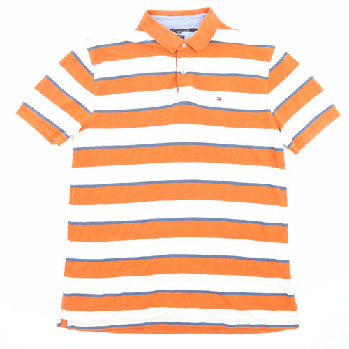 Tommy Hilfiger Mens Orange Striped Cotton Polo Size XL Collared Button