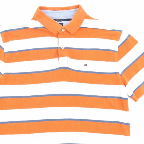 Tommy Hilfiger Mens Orange Striped Cotton Polo Size XL Collared Button