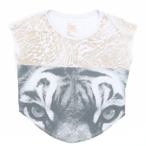 Nike Womens White Animal Print Polyester Basic T-Shirt Size S Round Neck - Tiger Print