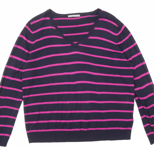 Marks and Spencer Womens Purple V-Neck Striped Acrylic Pullover Jumper Size 20