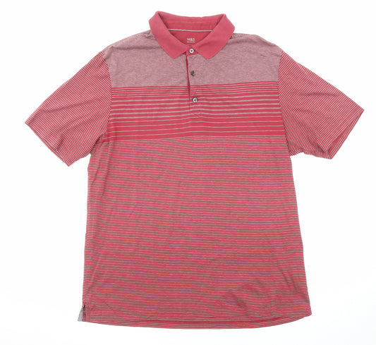 Marks and Spencer Mens Red Striped Cotton Polo Size L Collared Button