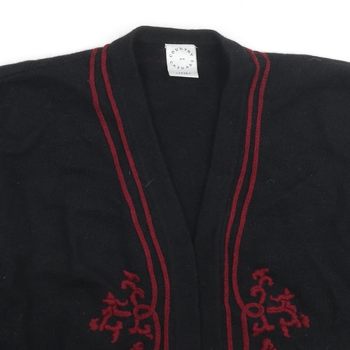 Country Casuals Womens Black V-Neck Wool Cardigan Jumper Size L - Embroidered Detail