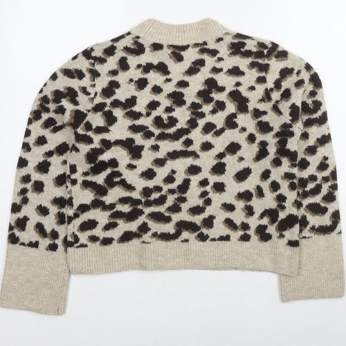 H&M Womens Beige Round Neck Animal Print Acetate Pullover Jumper Size XS - Leopard Print