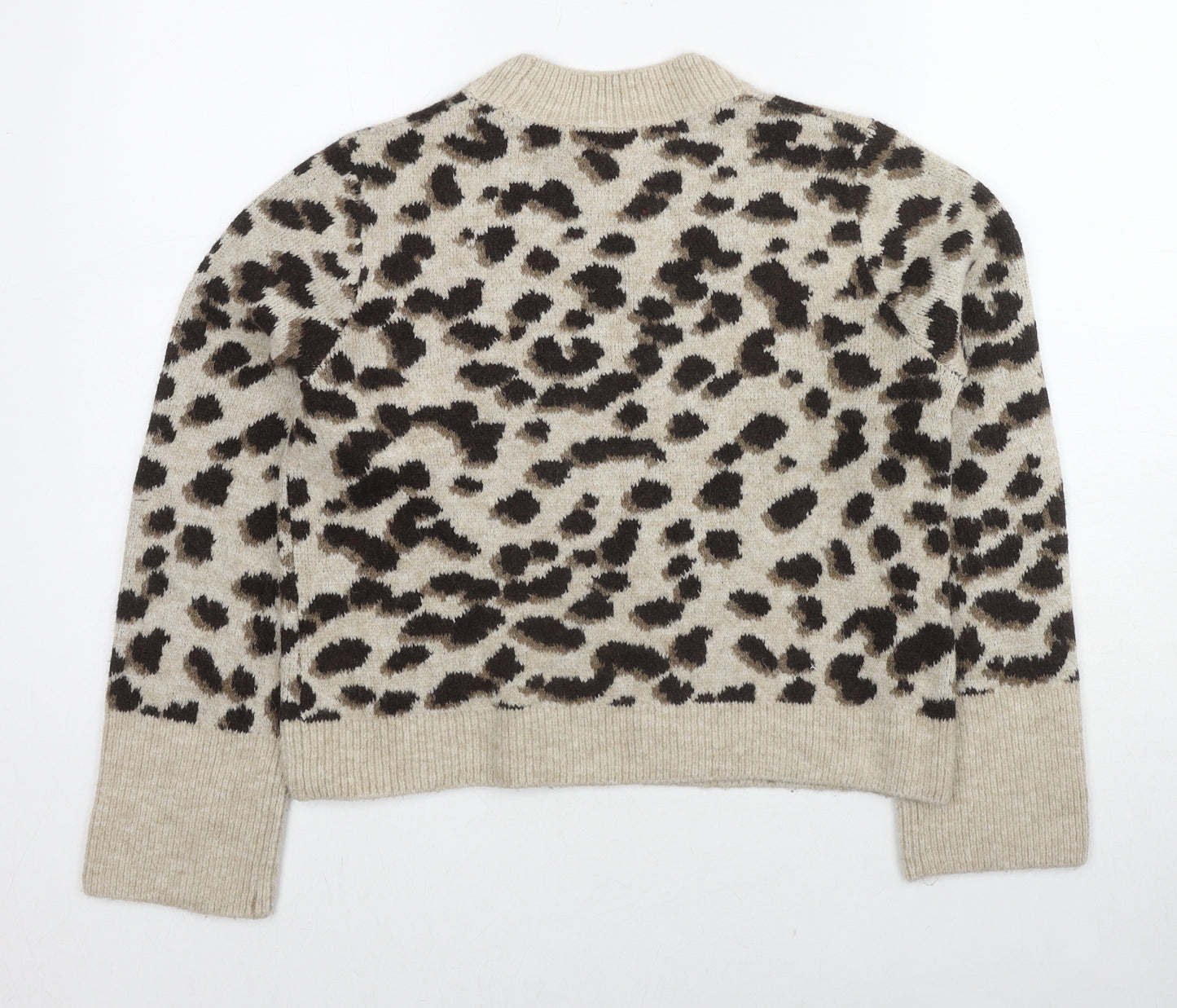 H&M Womens Beige Round Neck Animal Print Acetate Pullover Jumper Size XS - Leopard Print