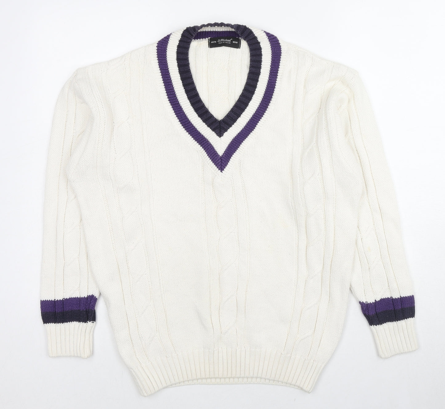 St Michael Mens White V-Neck Cotton Pullover Jumper Size M Long Sleeve