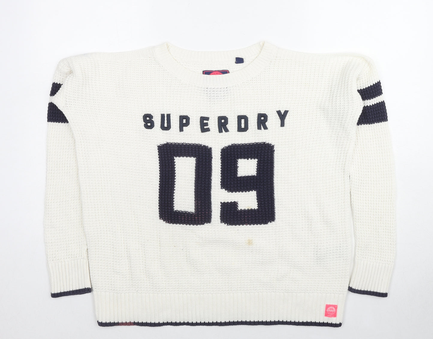 Superdry Womens White Round Neck Cotton Pullover Jumper Size M - Superdry 09 Stripe