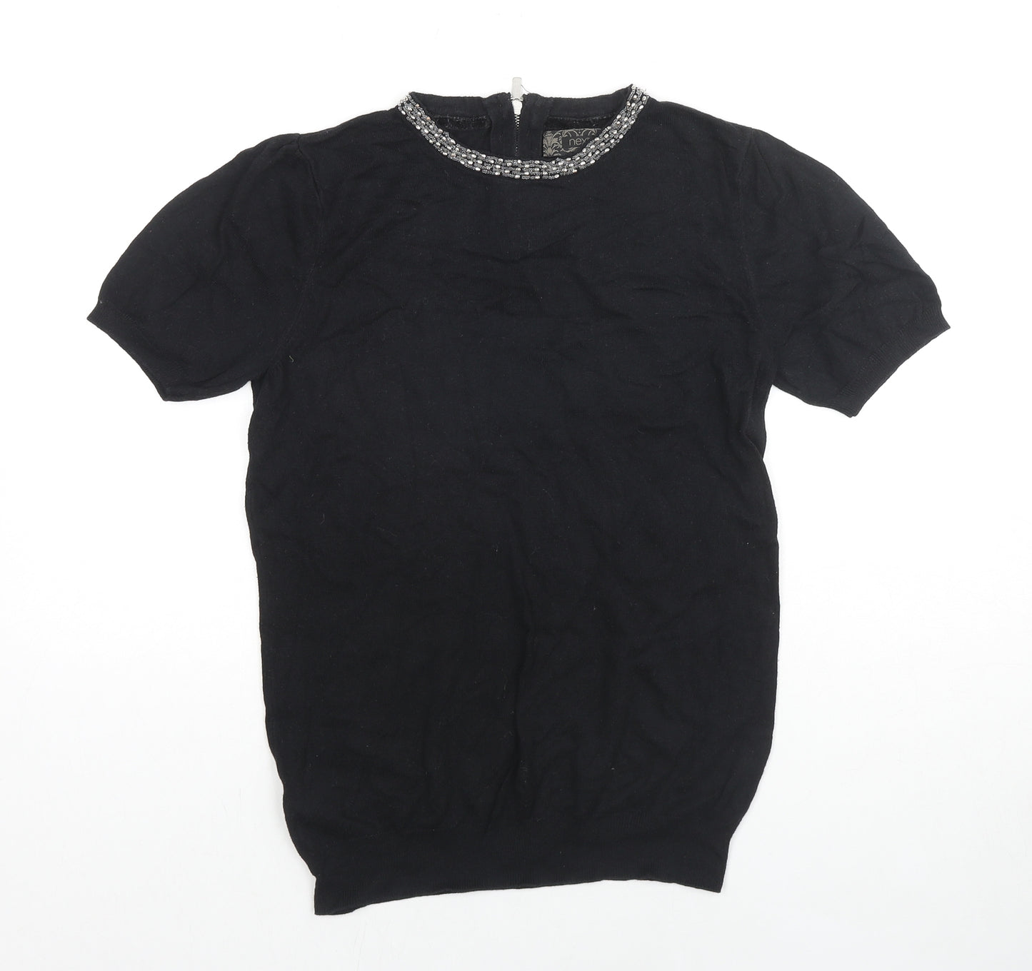 NEXT Womens Black Cotton Basic T-Shirt Size 12 Round Neck - Beaded Detail