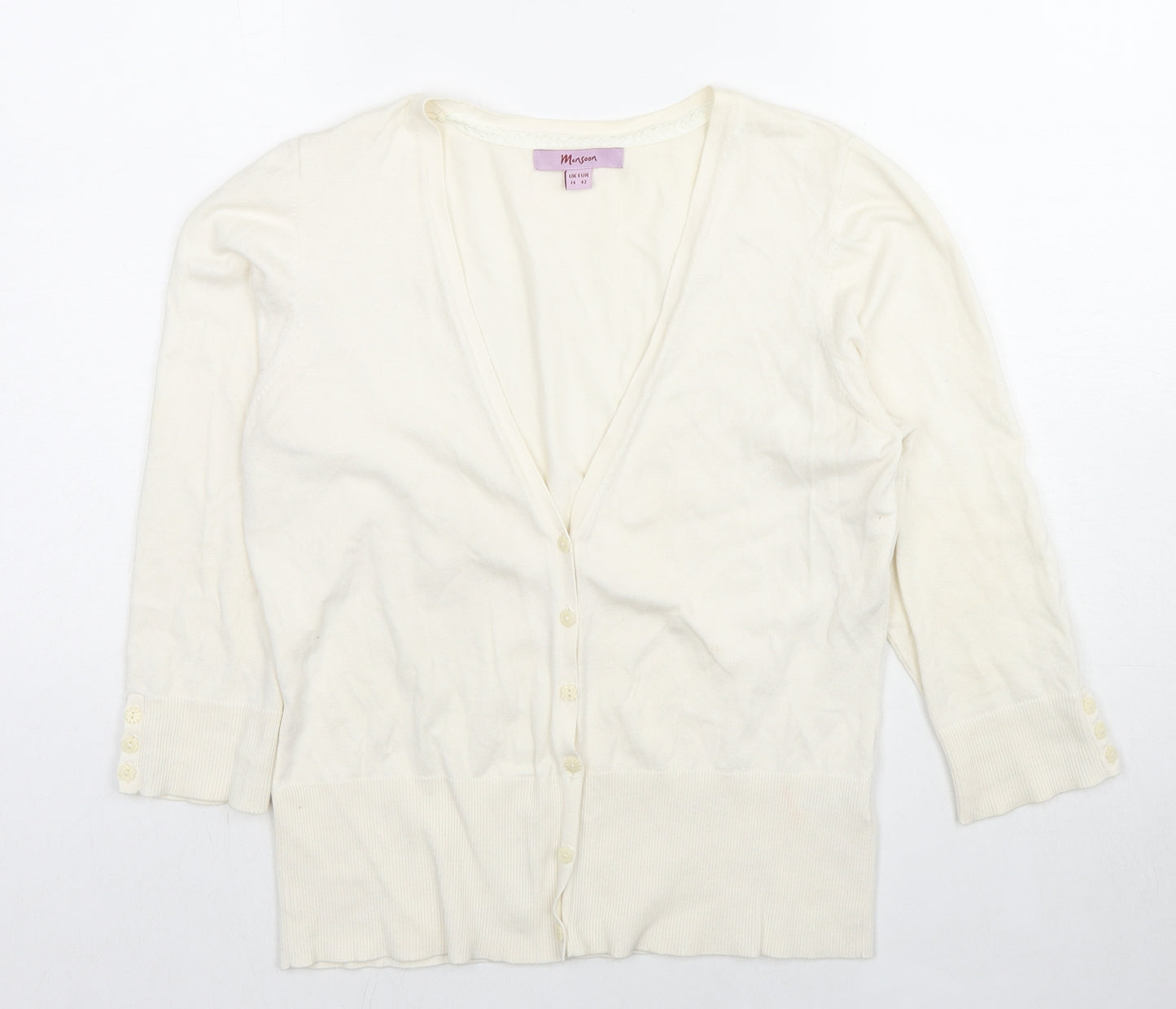 Monsoon Womens Ivory V-Neck Cotton Cardigan Jumper Size 14 - Button