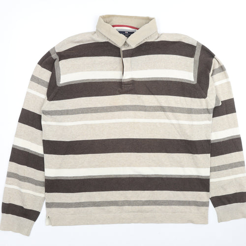 Marks and Spencer Mens Brown Striped Cotton Polo Size L Collared Pullover