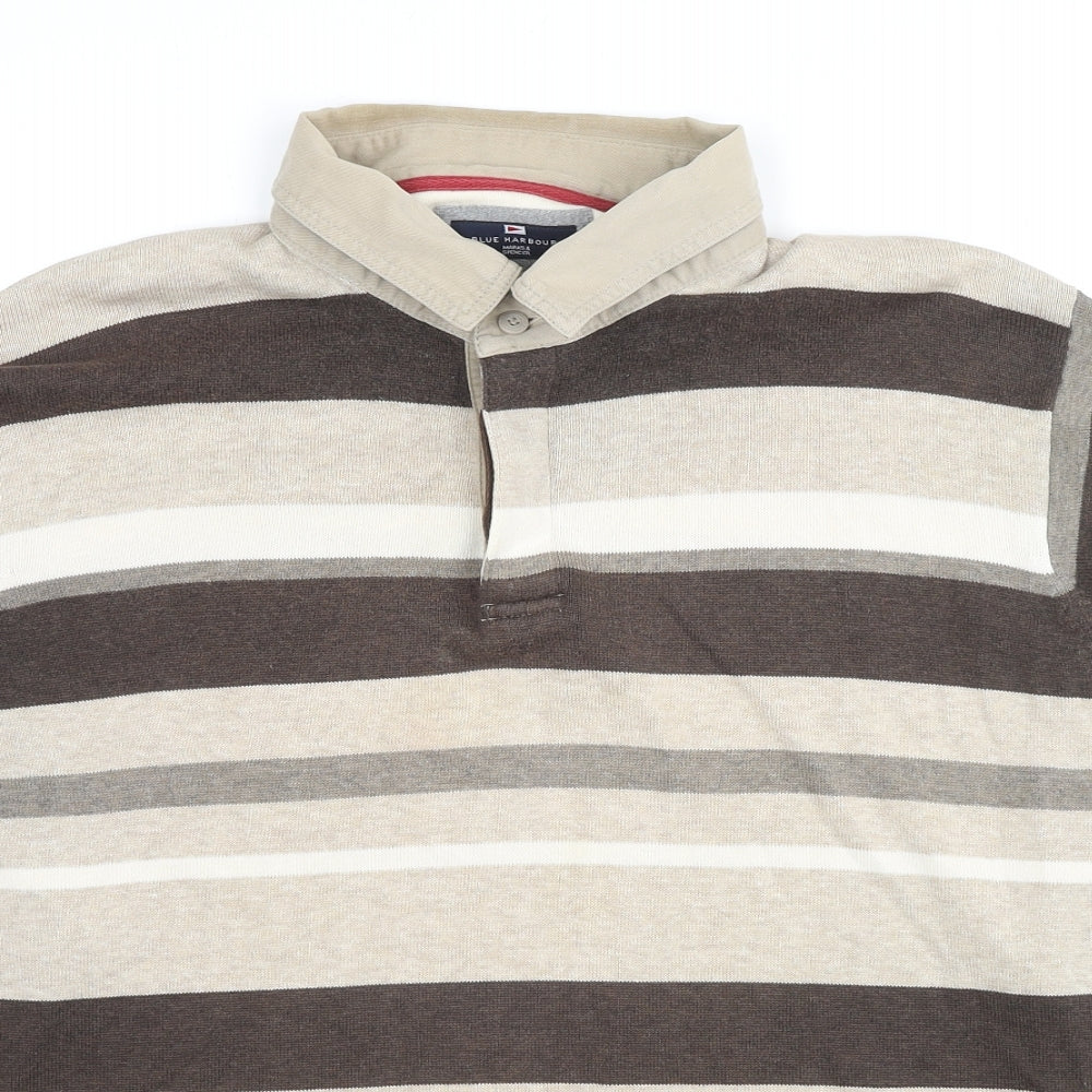 Marks and Spencer Mens Brown Striped Cotton Polo Size L Collared Pullover
