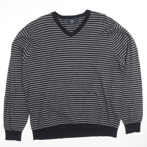 Marks and Spencer Mens Black V-Neck Striped Cotton Pullover Jumper Size XL Long Sleeve