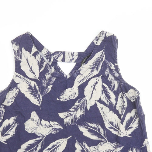 Bonmarché Womens Blue Floral Linen Basic Tank Size 16 V-Neck - Leaf Print