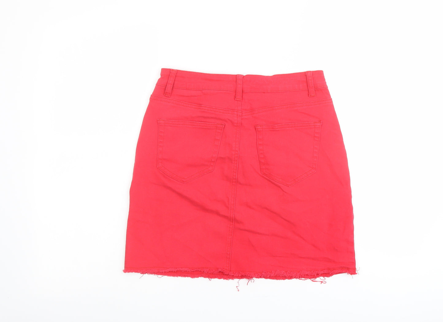 PRETTYLITTLETHING Womens Red Cotton A-Line Skirt Size 8 Button - Distressed Raw Hem