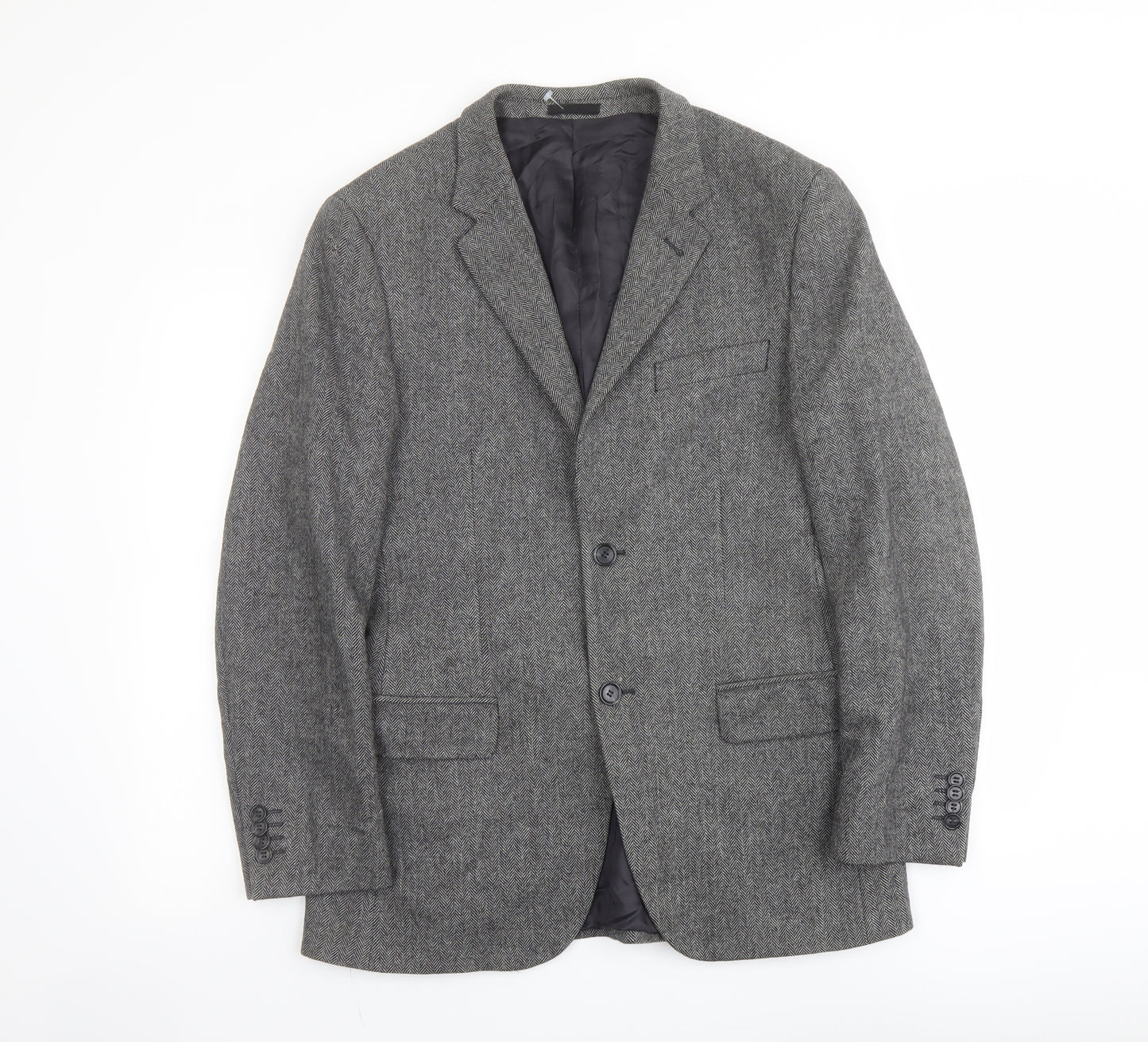 H&M Mens Grey Herringbone Wool Jacket Suit Jacket Size 40 Regular