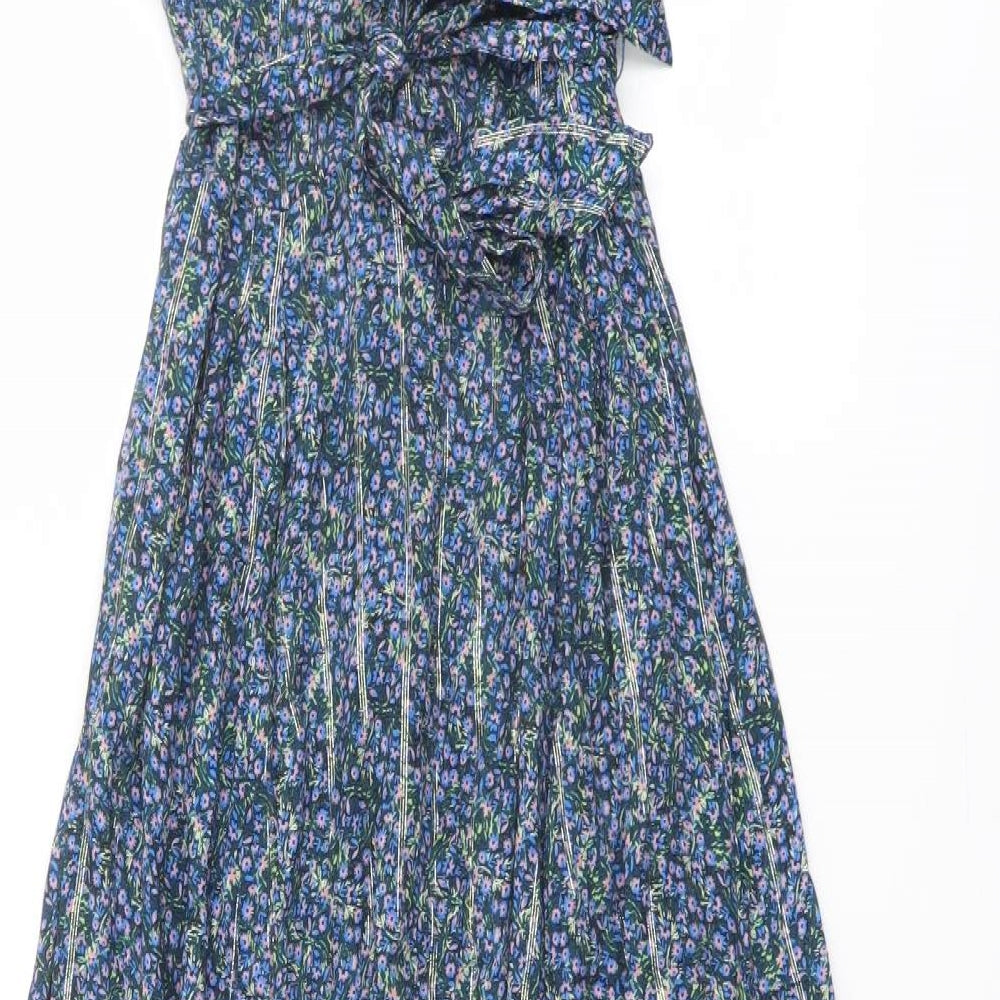 Oysho Womens Blue Floral Viscose A-Line Size M V-Neck Button
