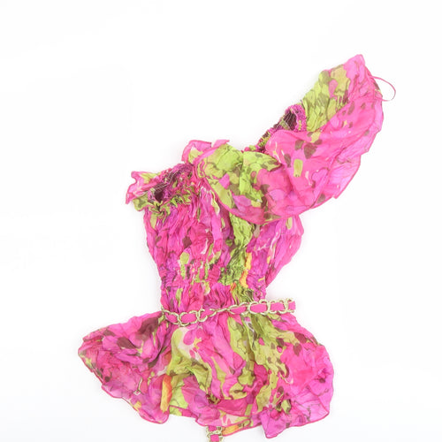 River Island Womens Pink Floral Silk Basic Blouse Size 16 One Shoulder - Belted