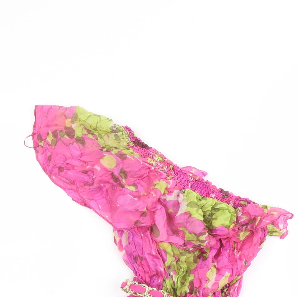River Island Womens Pink Floral Silk Basic Blouse Size 16 One Shoulder - Belted