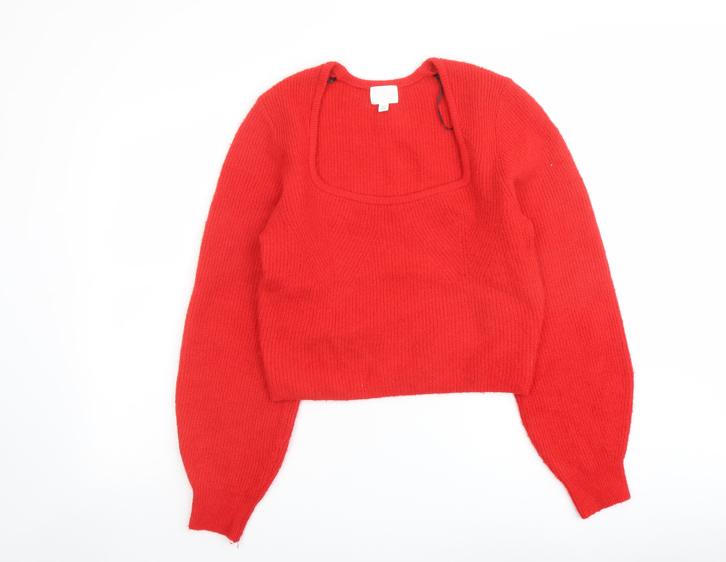 H&M Womens Red Square Neck Polyester Pullover Jumper Size M - Cropped Ribbed